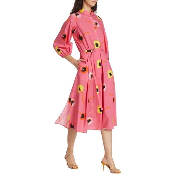 Piazza Sempione Milano Pink Floral Poplin Midi Dress Women's IT 48 US 12 Belted - Picture 1 of 15
